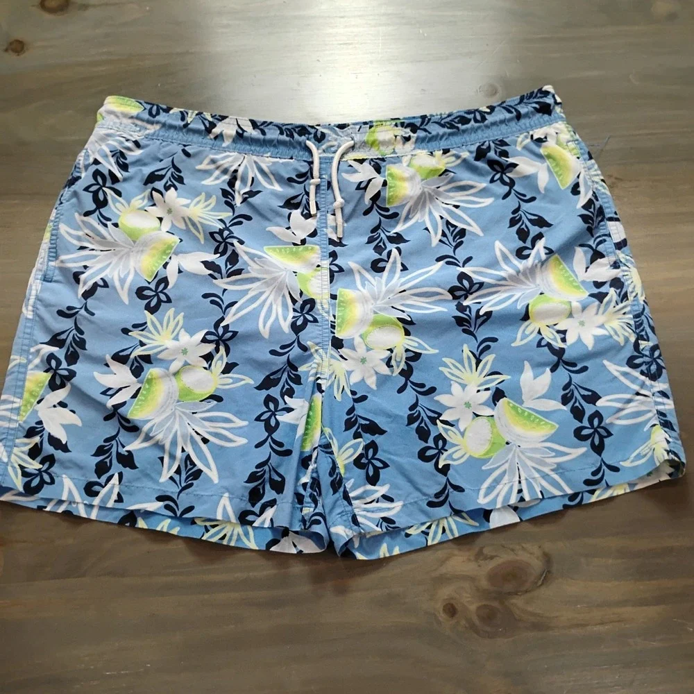 Brooks Brothers Country Club Swim Trunks Mens M Blue Botanical Drawstring Shorts
